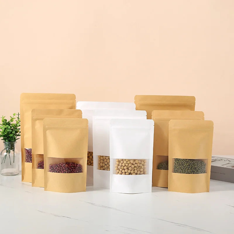 50/100pcs kraft paper zipper lock window bag brown re-sealable coffee bean pkg