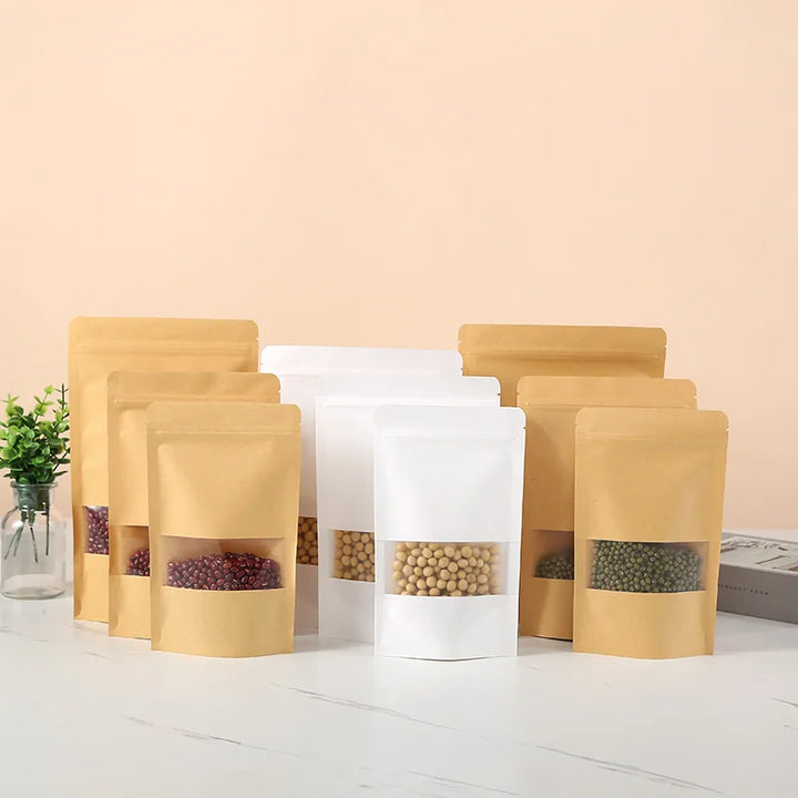50/100pcs kraft paper zipper lock window bag brown re-sealable coffee bean pkg