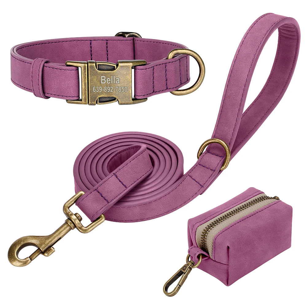 Custom Dog Collar Leash Bag Set Personalized PU Leather Dog Collars