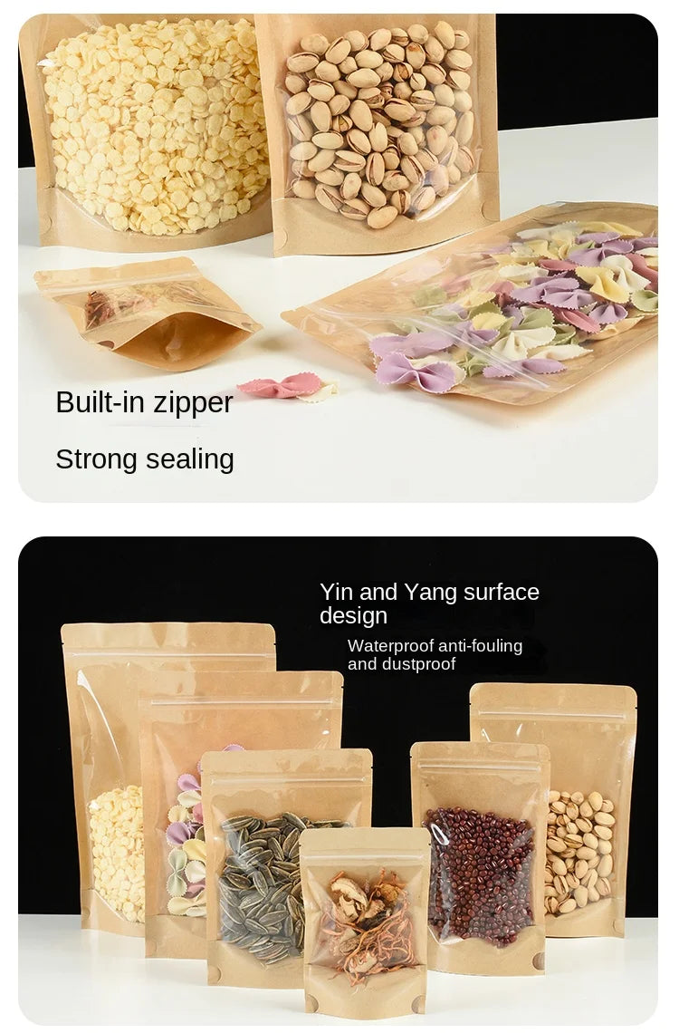 100 Kraft paper sealed pocket Stand up Zip lock Kraft Paper Window Bag Food