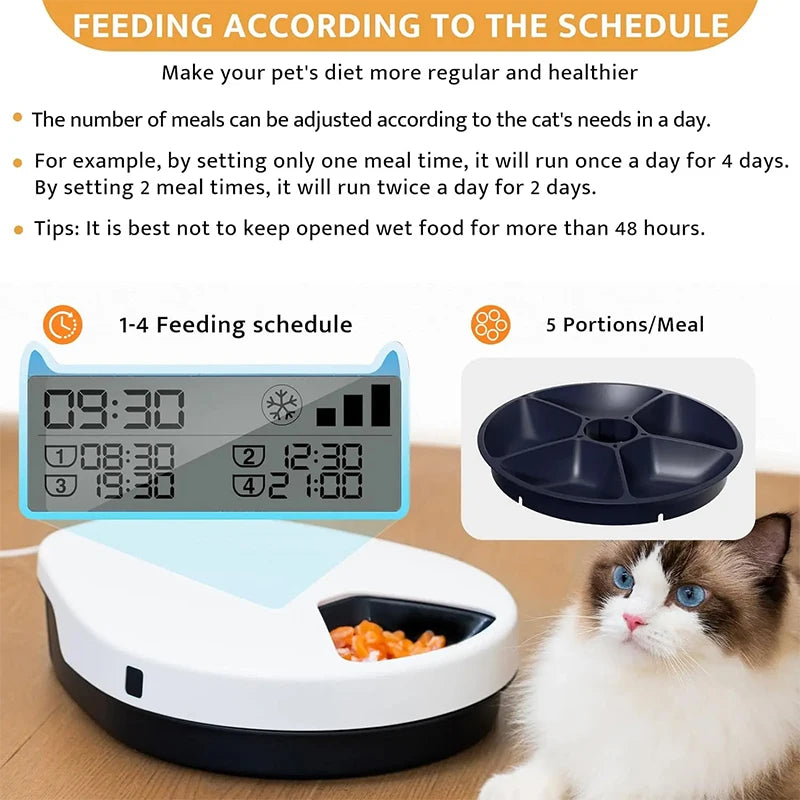 Voford Automatic Pet Feeder Wet Food with Cooling 5 Meal Timer Dispener