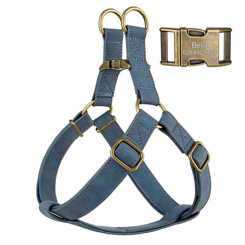 Custom PU Leather Harness And Leash Engraved Dog ID Buckle Harnesses Vest