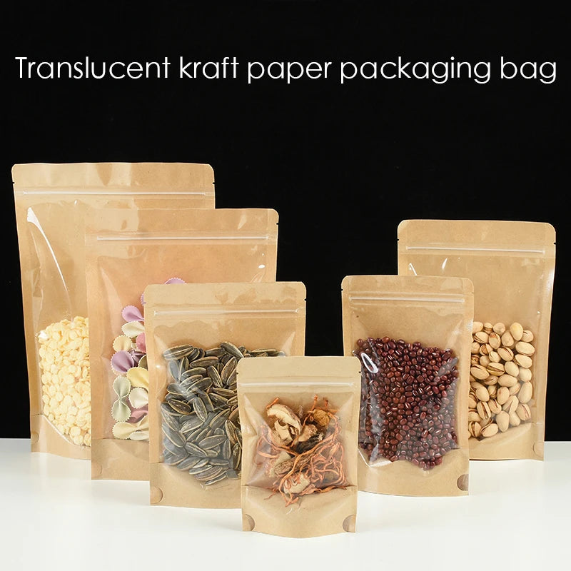 100 Kraft paper sealed pocket Stand up Zip lock Kraft Paper Window Bag Food