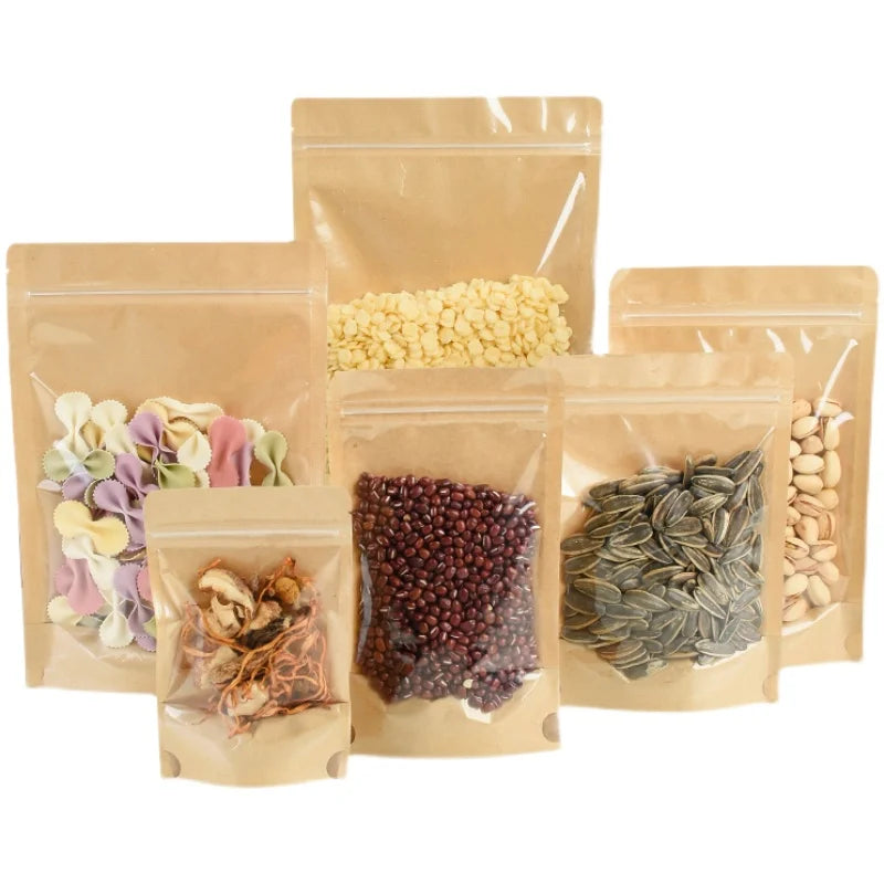 100 Kraft paper sealed pocket Stand up Zip lock Kraft Paper Window Bag Food