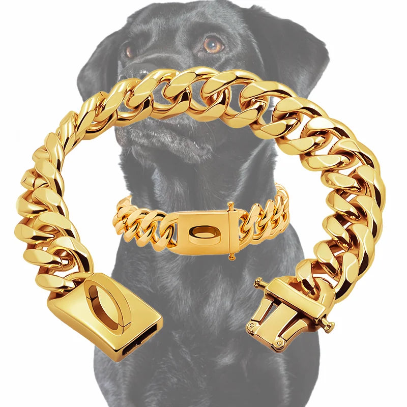 Gold Dog Collar Stainless Steel Metal Pet Choker Silver 19mm Wide Lead for Dogs