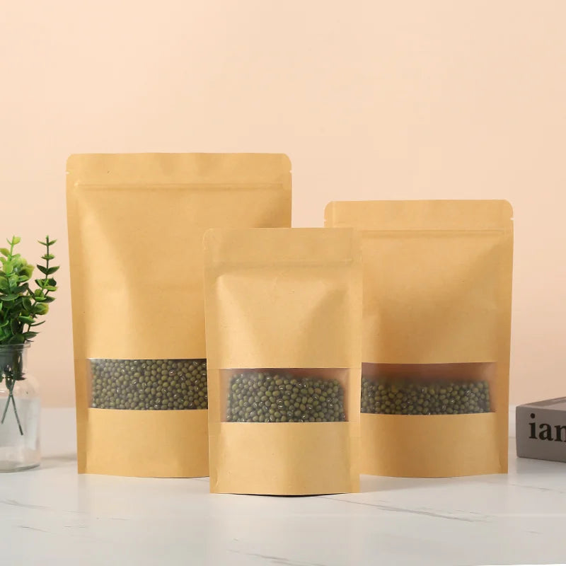 50/100pcs kraft paper zipper lock window bag brown re-sealable coffee bean pkg