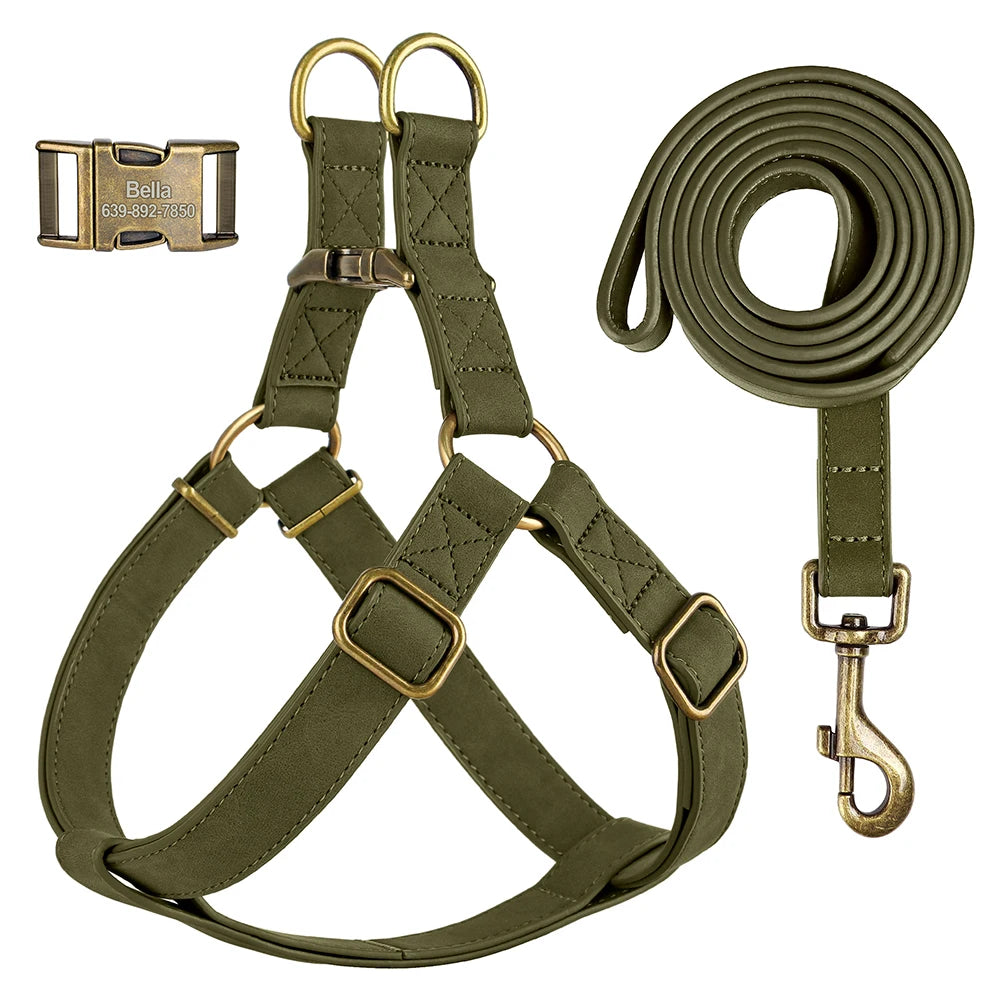 Custom PU Leather Harness And Leash Engraved Dog ID Buckle Harnesses Vest