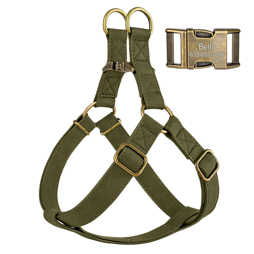 Custom PU Leather Harness And Leash Engraved Dog ID Buckle Harnesses Vest