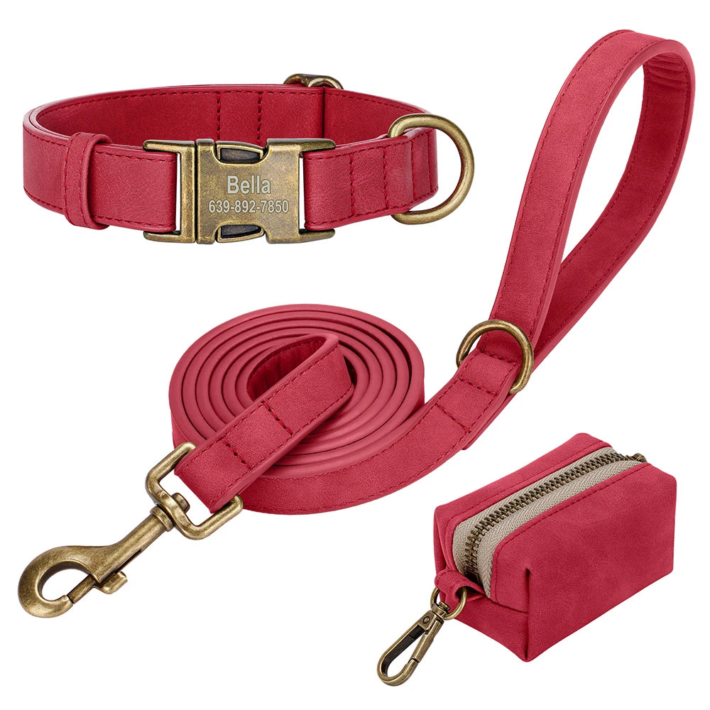 Custom Dog Collar Leash Bag Set Personalized PU Leather Dog Collars