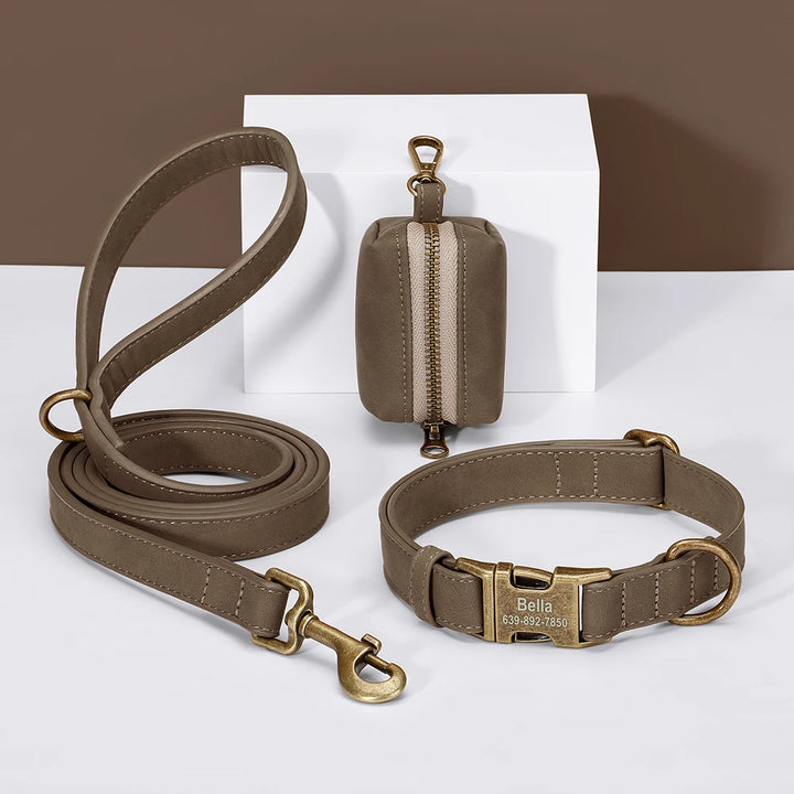 Custom Dog Collar Leash Bag Set Personalized PU Leather Dog Collars