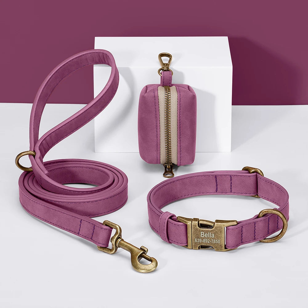 Custom Dog Collar Leash Bag Set Personalized PU Leather Dog Collars