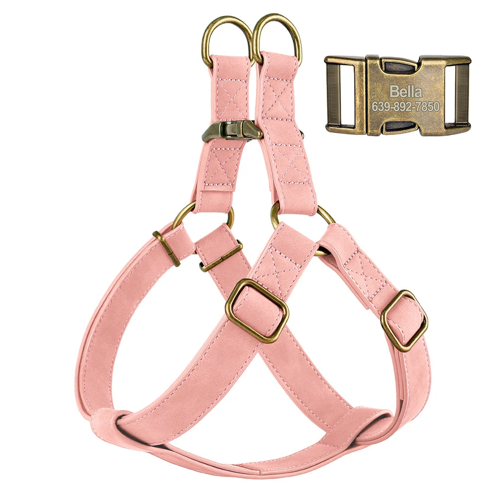 Custom PU Leather Harness And Leash Engraved Dog ID Buckle Harnesses Vest