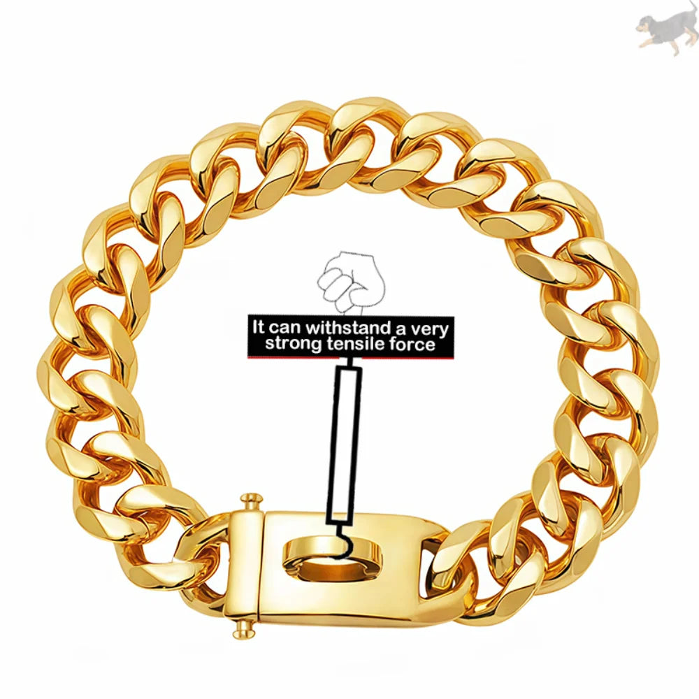 Gold Dog Collar Stainless Steel Metal Pet Choker Silver 19mm Wide Lead for Dogs