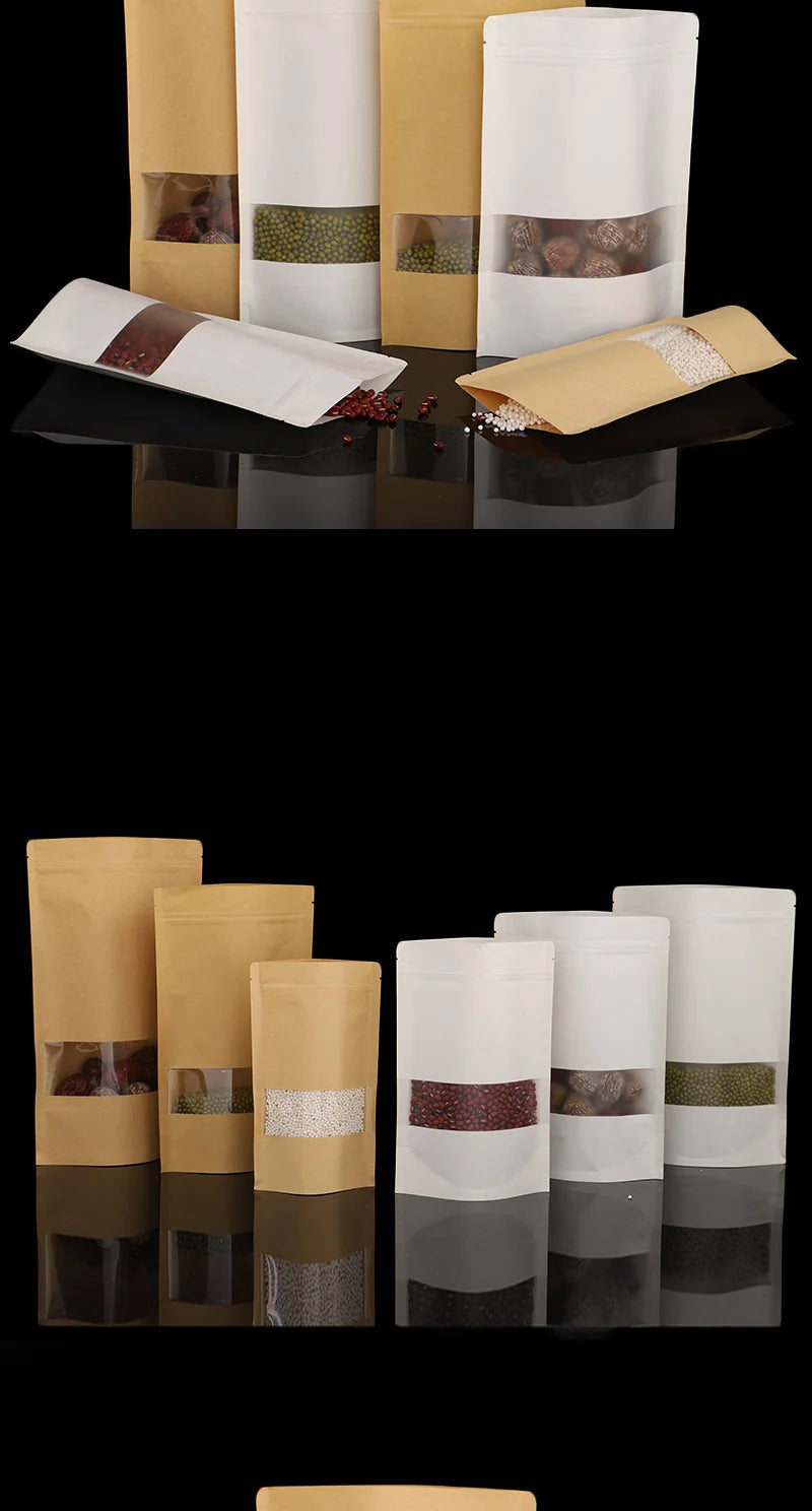 50/100pcs kraft paper zipper lock window bag brown re-sealable coffee bean pkg