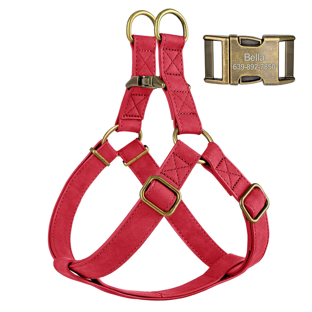 Custom PU Leather Harness And Leash Engraved Dog ID Buckle Harnesses Vest