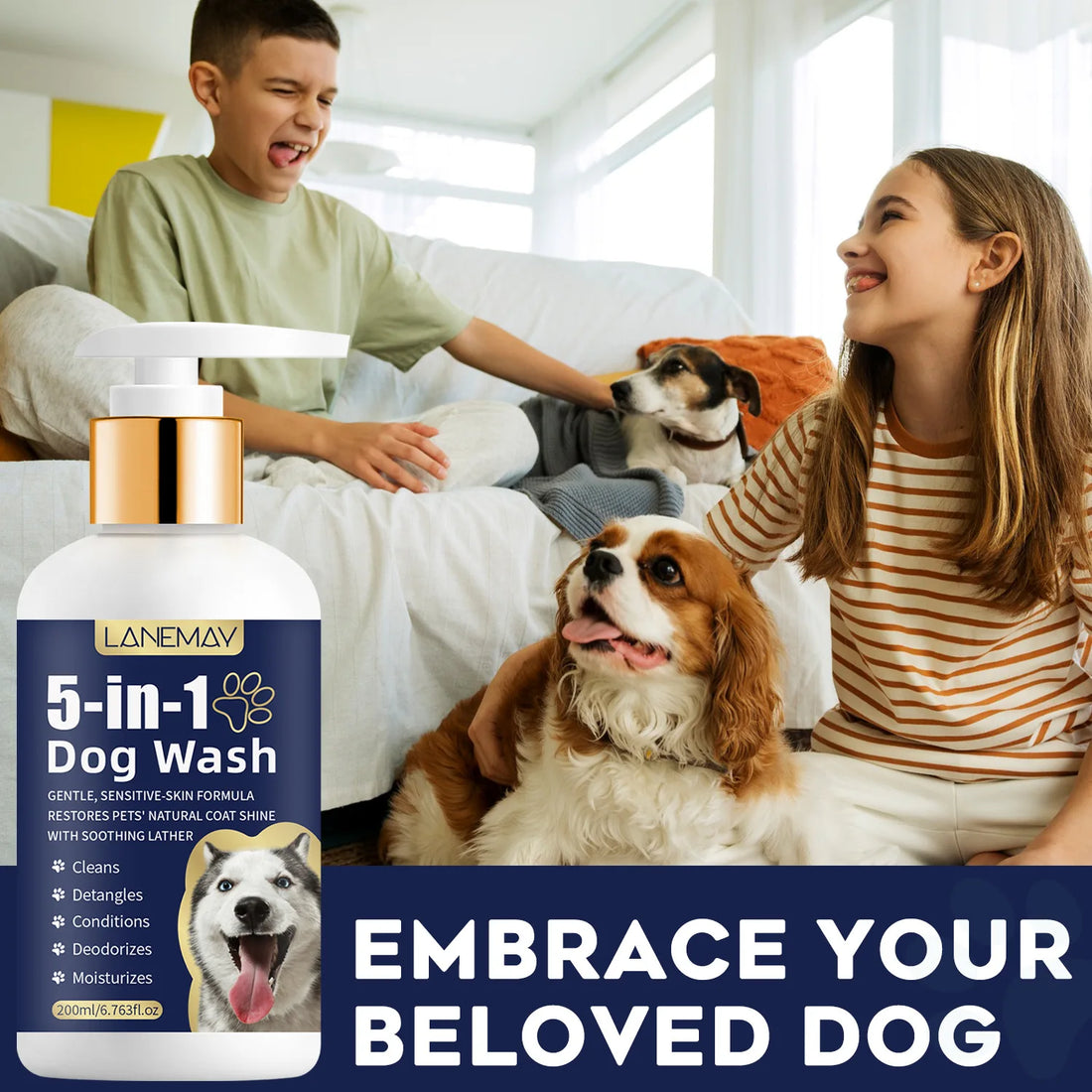 Pet skin and hair shampoo, care for skin health. Pet shampoo, cat and dog