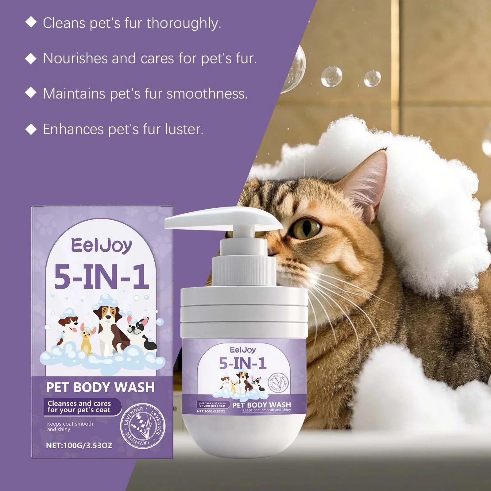 EelJoy 5-in-1 Pet Shampoo Gentle Fur Cleaning And Care Maintains Smooth