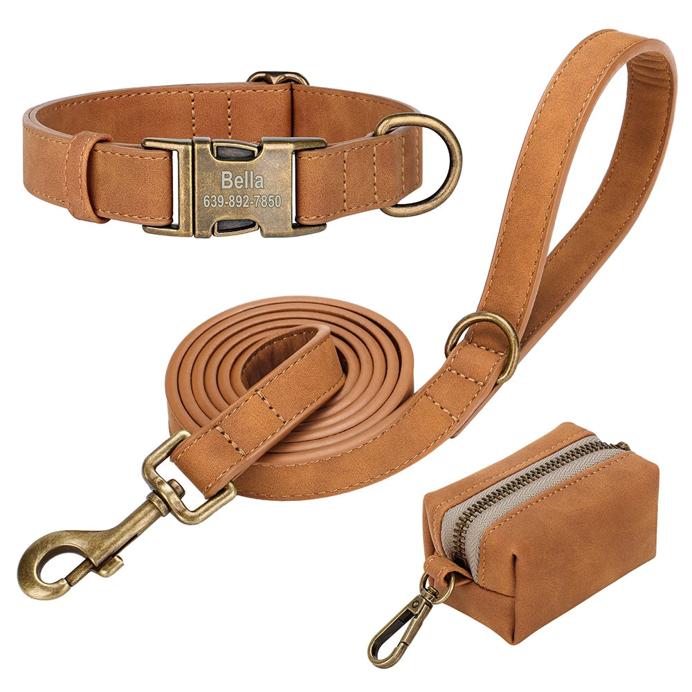 Custom Dog Collar Leash Bag Set Personalized PU Leather Dog Collars