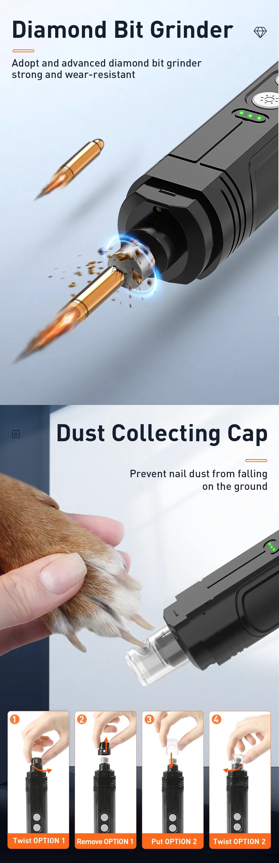 Electric Pet Nail Grinder Professional Dog Nail Clippers 2 LED Light Nail Grooming