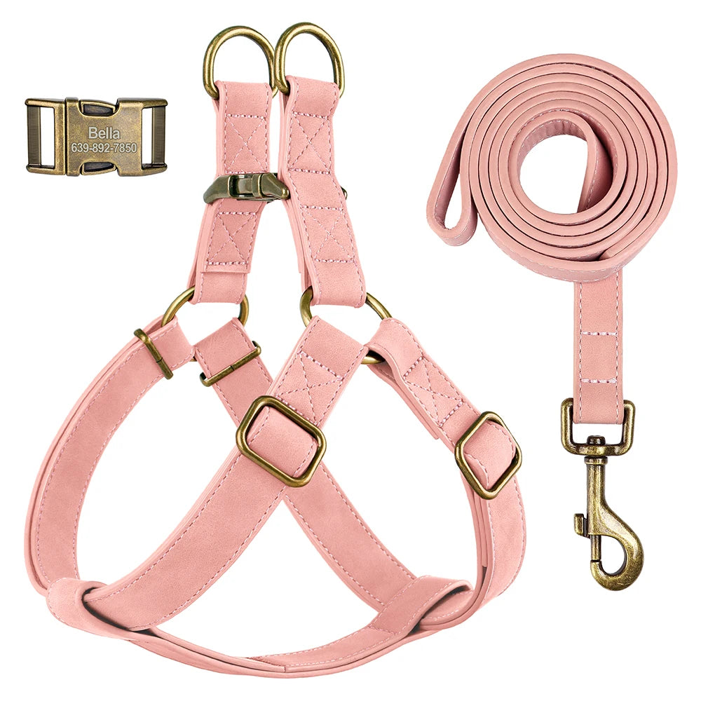 Custom PU Leather Harness And Leash Engraved Dog ID Buckle Harnesses Vest