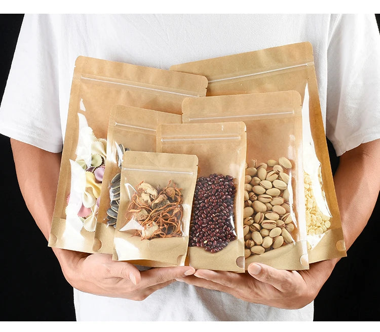 100 Kraft paper sealed pocket Stand up Zip lock Kraft Paper Window Bag Food