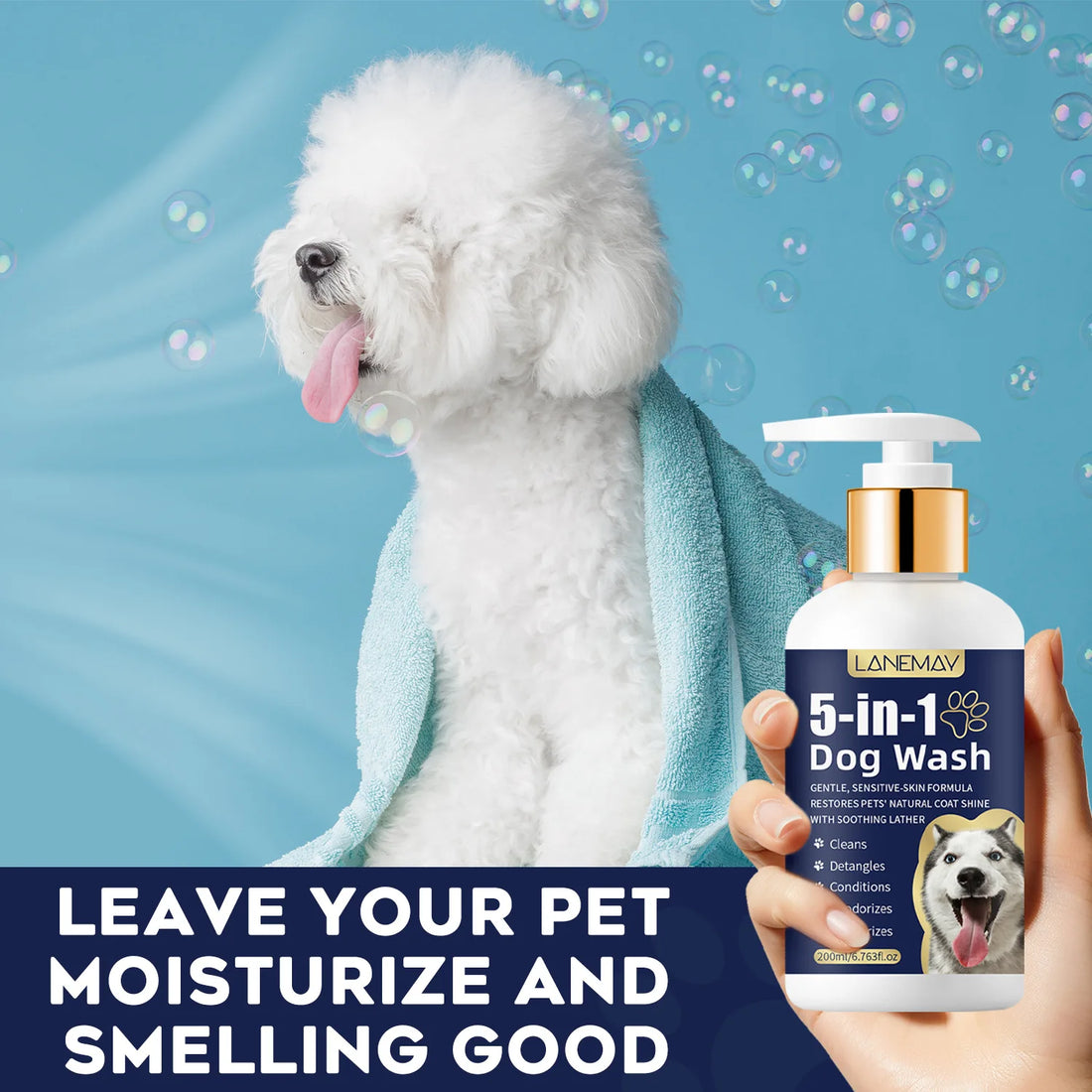 Pet skin and hair shampoo, care for skin health. Pet shampoo, cat and dog
