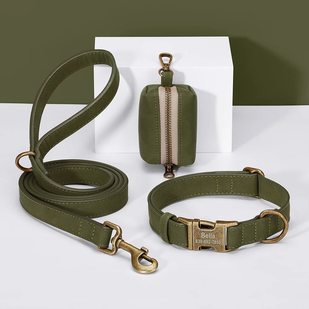 Custom Dog Collar Leash Bag Set Personalized PU Leather Dog Collars