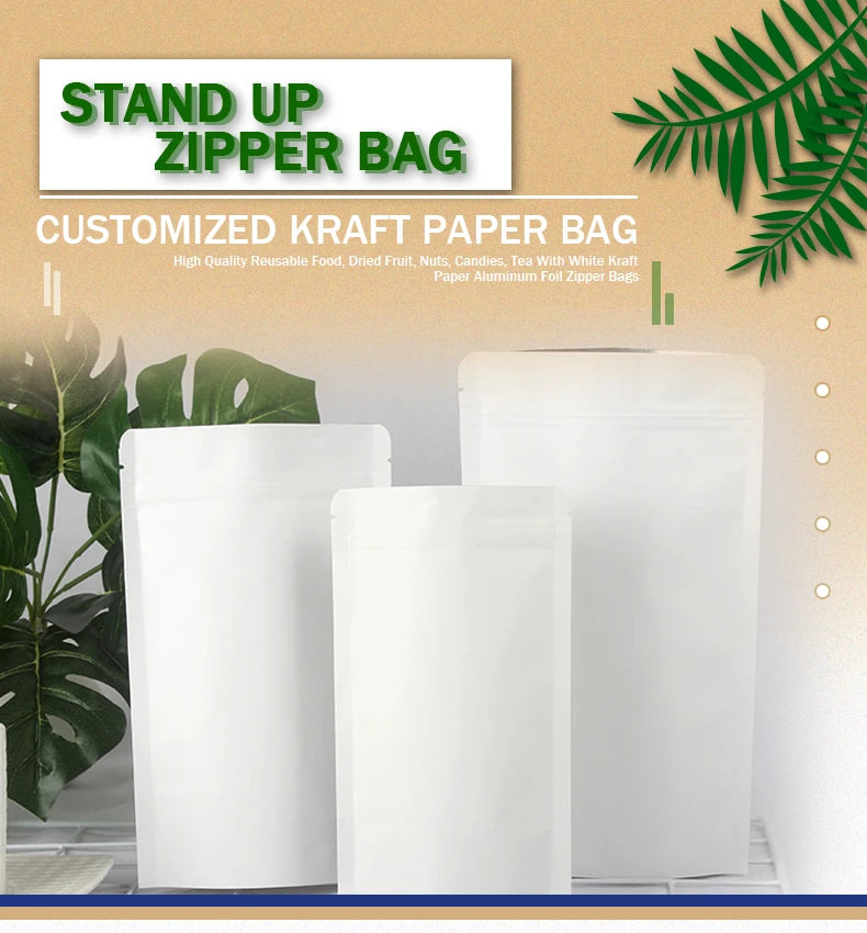Customized Dried Fruit Candy Tea Gift White Kraft Paper Bags Stand Up Zip Lock