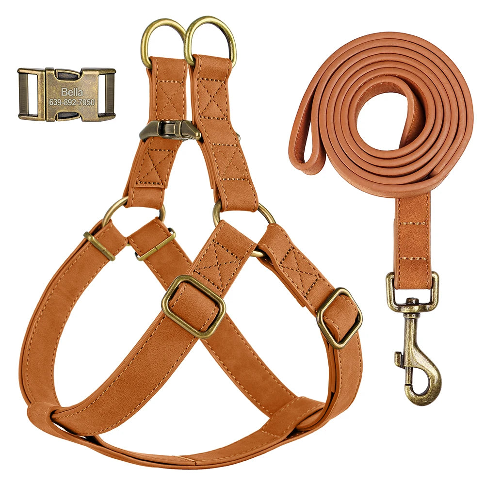 Custom PU Leather Harness And Leash Engraved Dog ID Buckle Harnesses Vest