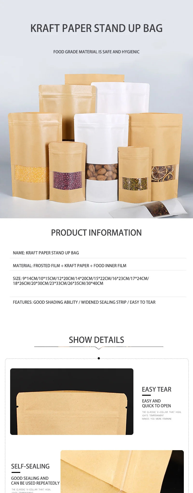 50/100pcs kraft paper zipper lock window bag brown re-sealable coffee bean pkg