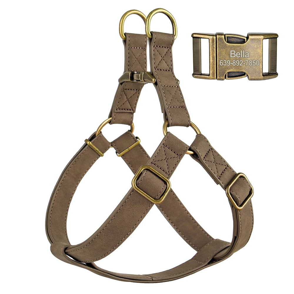 Custom PU Leather Harness And Leash Engraved Dog ID Buckle Harnesses Vest