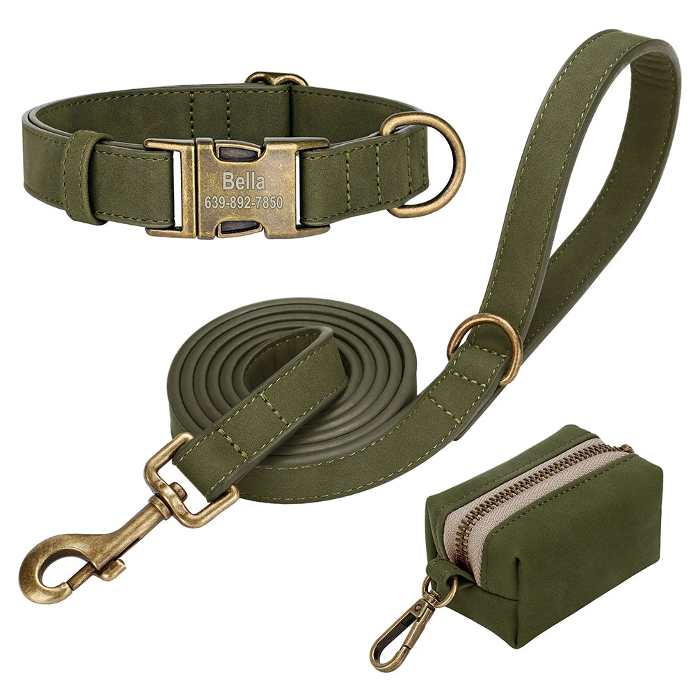 Custom Dog Collar Leash Bag Set Personalized PU Leather Dog Collars