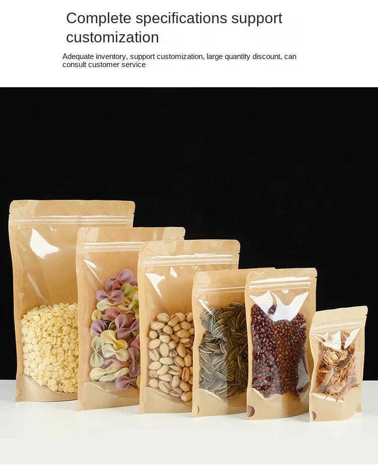 100 Kraft paper sealed pocket Stand up Zip lock Kraft Paper Window Bag Food