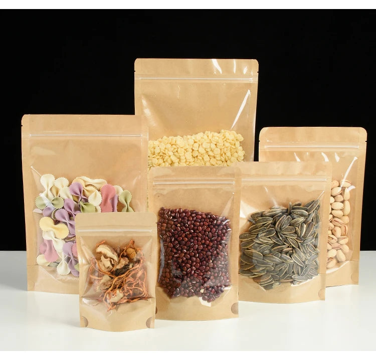 100 Kraft paper sealed pocket Stand up Zip lock Kraft Paper Window Bag Food
