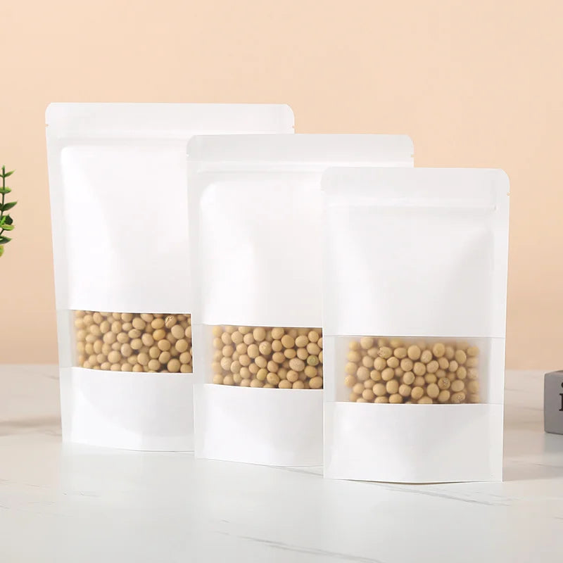 50/100pcs kraft paper zipper lock window bag brown re-sealable coffee bean pkg