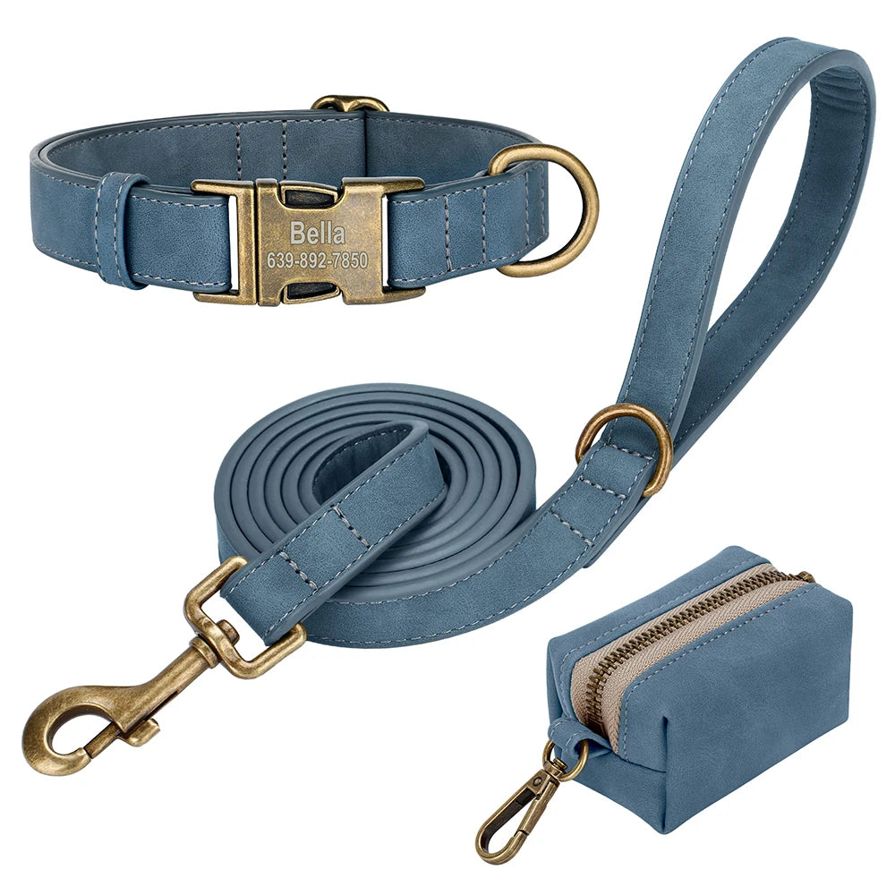 Custom Dog Collar Leash Bag Set Personalized PU Leather Dog Collars
