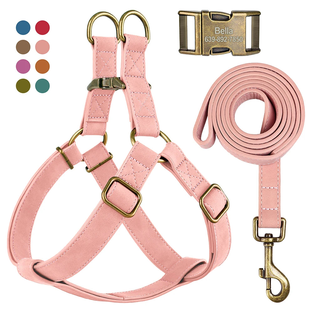 Custom PU Leather Harness And Leash Engraved Dog ID Buckle Harnesses Vest