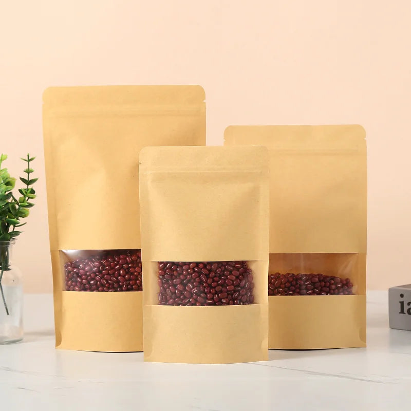 50/100pcs kraft paper zipper lock window bag brown re-sealable coffee bean pkg