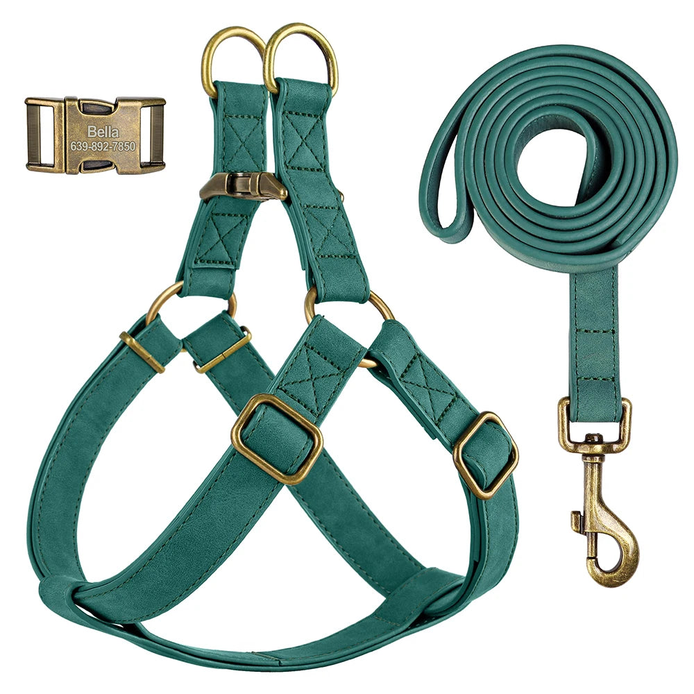 Custom PU Leather Harness And Leash Engraved Dog ID Buckle Harnesses Vest