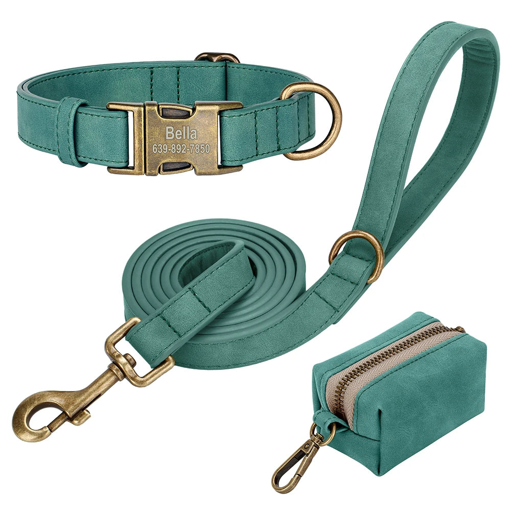 Custom Dog Collar Leash Bag Set Personalized PU Leather Dog Collars