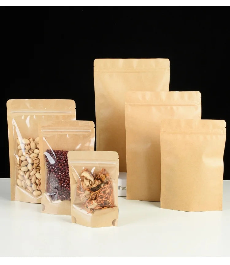 100 Kraft paper sealed pocket Stand up Zip lock Kraft Paper Window Bag Food