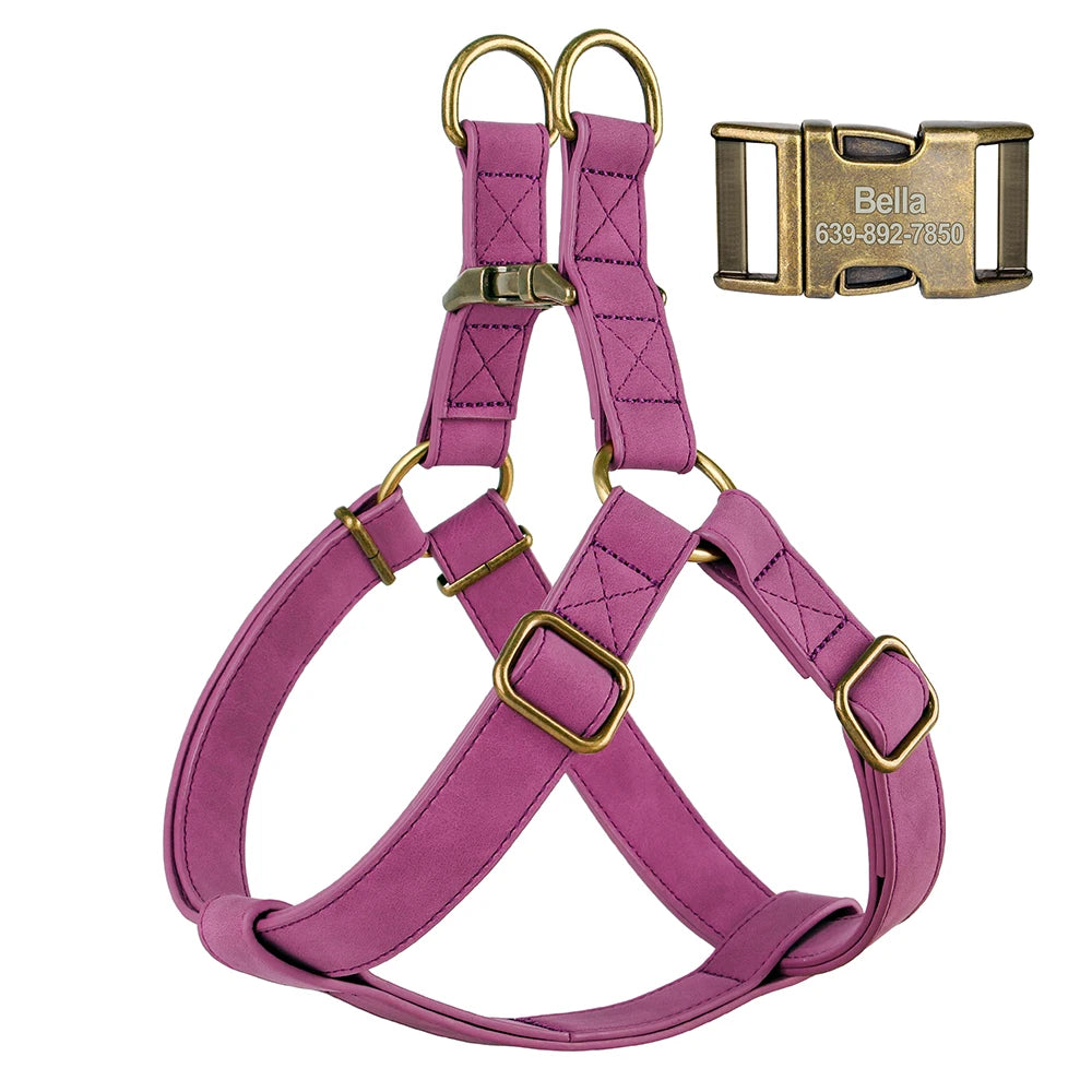 Custom PU Leather Harness And Leash Engraved Dog ID Buckle Harnesses Vest
