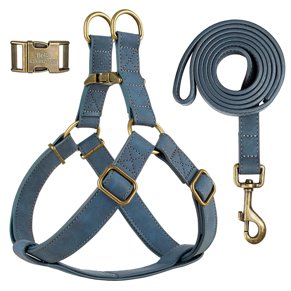 Custom PU Leather Harness And Leash Engraved Dog ID Buckle Harnesses Vest