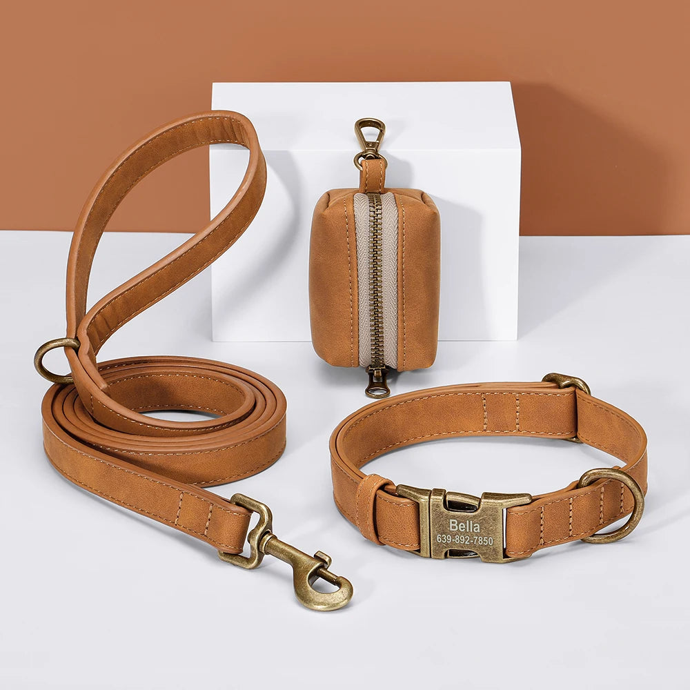 Custom Dog Collar Leash Bag Set Personalized PU Leather Dog Collars
