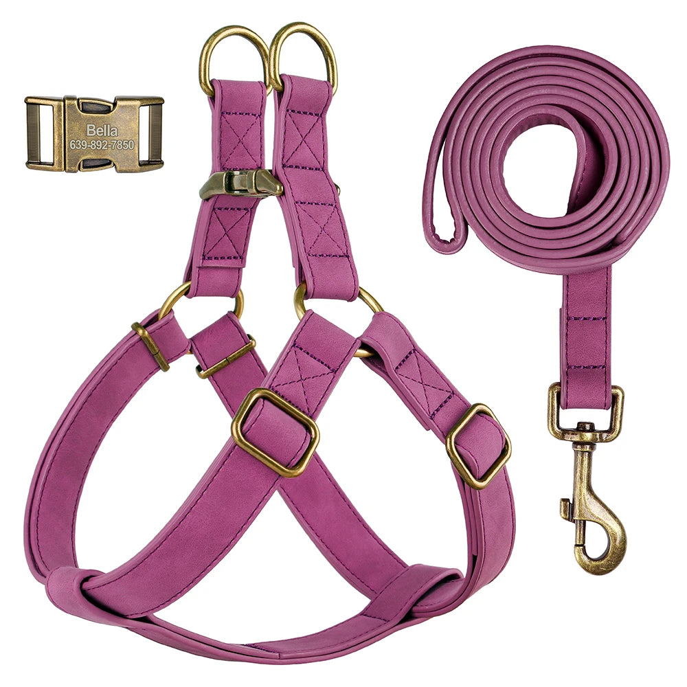Custom PU Leather Harness And Leash Engraved Dog ID Buckle Harnesses Vest