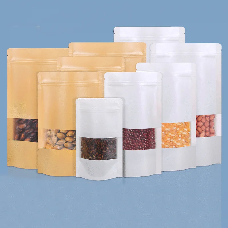 50/100pcs kraft paper zipper lock window bag brown re-sealable coffee bean pkg