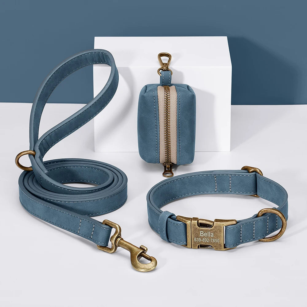 Custom Dog Collar Leash Bag Set Personalized PU Leather Dog Collars