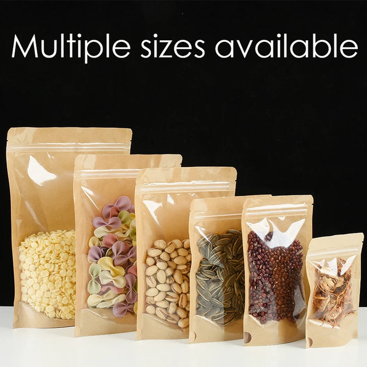 100 Kraft paper sealed pocket Stand up Zip lock Kraft Paper Window Bag Food