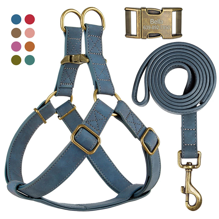 Custom PU Leather Harness And Leash Engraved Dog ID Buckle Harnesses Vest