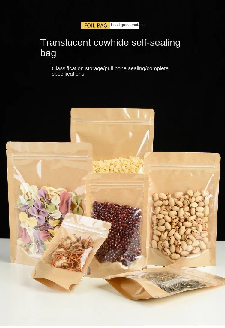 100 Kraft paper sealed pocket Stand up Zip lock Kraft Paper Window Bag Food